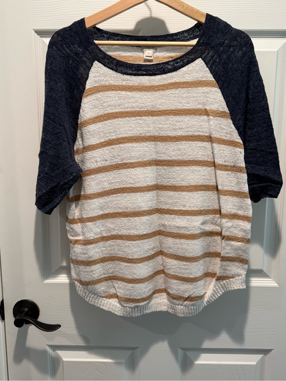 J. Crew Navy Sleeve Striped Tee with Cream and Tan Body - Picture 2 of 3